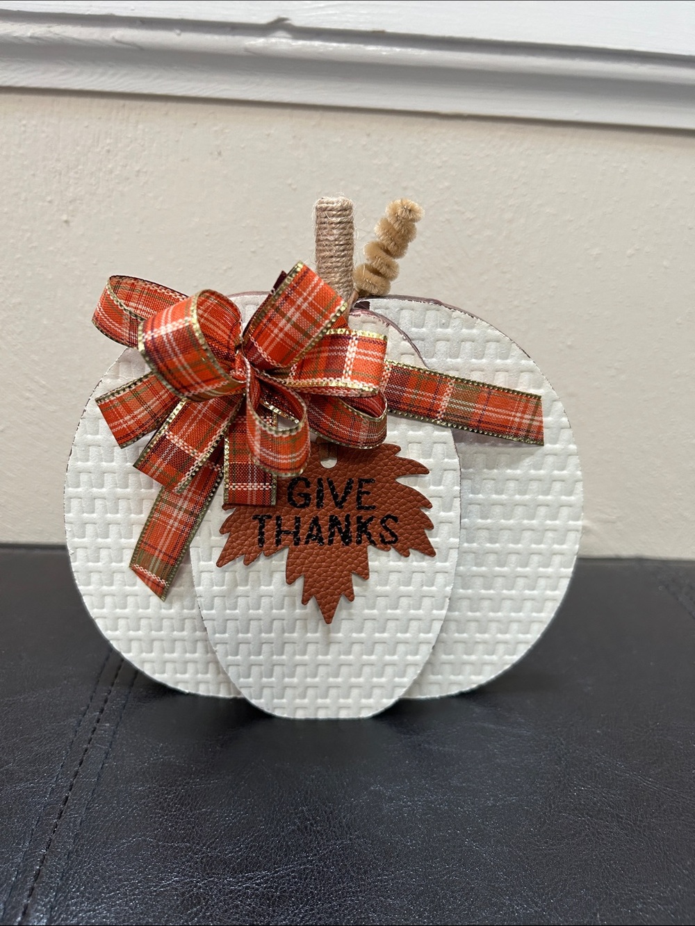 Handmade by my mom! Plaid Ribbon 'Give Thanks' White Pumpkin Home Holiday Décor